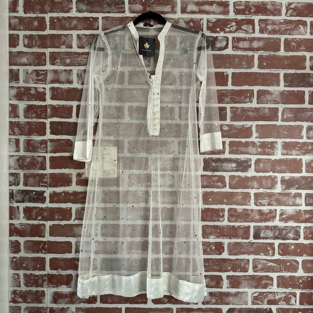 NWT Agha Noor White Mesh See Through Gold Speckled Tunic Top Size S